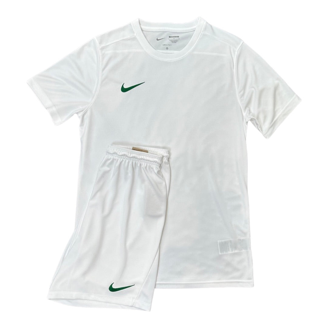 Nike Dri-Fit Short Set In White With Green Tick